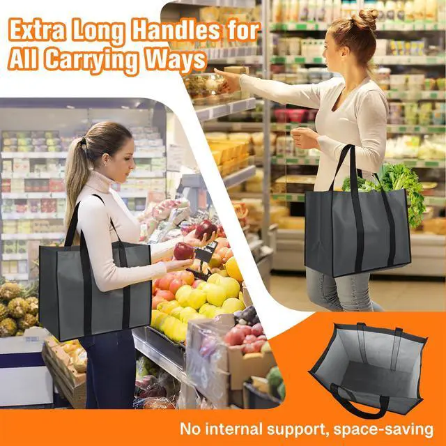 Alt view image 3 of 7 - Reusable Grocery Bags with Handles - 4 Pack, 35L Large Shopping Bags for Groceries, Water-Resistant & Foldable Grocery Totes for Lasting Use for Kitchen, Market, Car Trunk, Picnic (Gray)