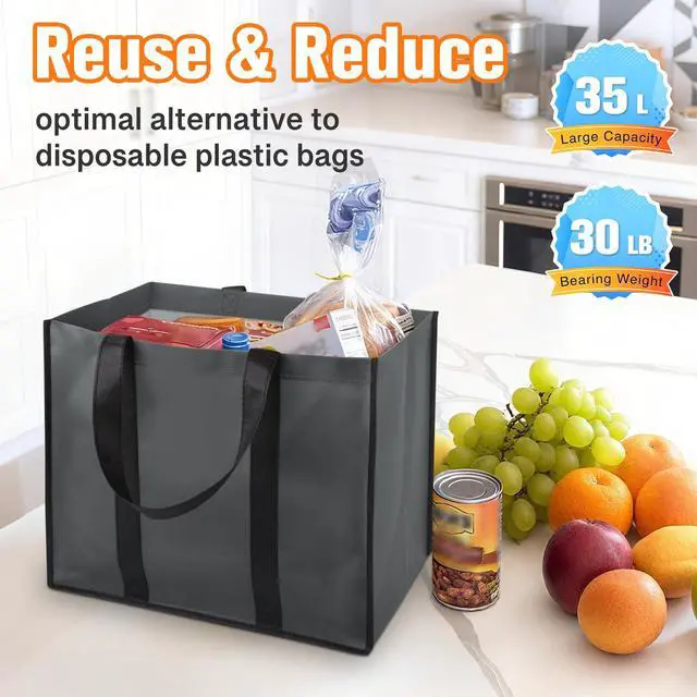 Alt view image 4 of 7 - Reusable Grocery Bags with Handles - 4 Pack, 35L Large Shopping Bags for Groceries, Water-Resistant & Foldable Grocery Totes for Lasting Use for Kitchen, Market, Car Trunk, Picnic (Gray)