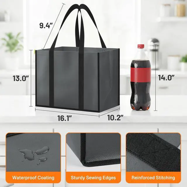 Alt view image 5 of 7 - Reusable Grocery Bags with Handles - 4 Pack, 35L Large Shopping Bags for Groceries, Water-Resistant & Foldable Grocery Totes for Lasting Use for Kitchen, Market, Car Trunk, Picnic (Gray)