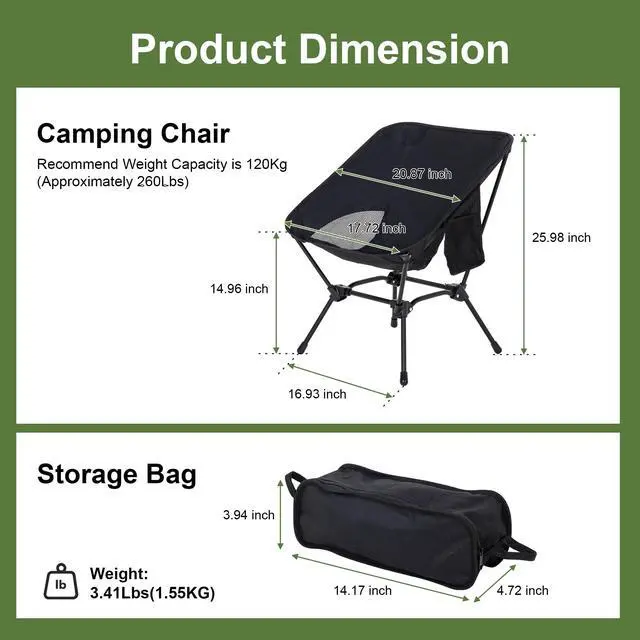 Alt view image 3 of 7 - Camping Chair Portable Lightweight Camping Chairs for Adults Foldable 600D Oxford Ultralight Backpacking Chair with Breathable Mesh and Pocket for Outdoor Travel Hiking, Black