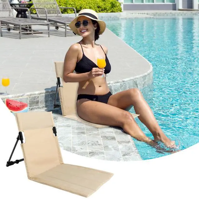 Alt view image 3 of 7 - Poolside Edge Seat with Backrest, Foldable Ground Chair 1 Pack, 600D Oxford and Aluminum Frame, Beige, Unfolded 26.77 x 15.55 x 15.94 in, Includes Storage Bag