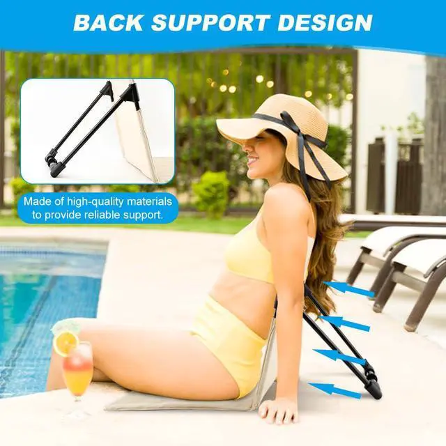 Alt view image 5 of 7 - Poolside Edge Seat with Backrest, Foldable Ground Chair 1 Pack, 600D Oxford and Aluminum Frame, Beige, Unfolded 26.77 x 15.55 x 15.94 in, Includes Storage Bag