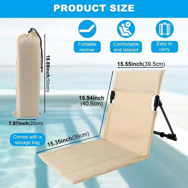 Alt view image 4 of 7 - Poolside Edge Seat with Backrest, Foldable Ground Chair 1 Pack, 600D Oxford and Aluminum Frame, Beige, Unfolded 26.77 x 15.55 x 15.94 in, Includes Storage Bag