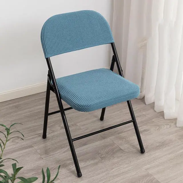 Alt view image 2 of 6 - Folding Dining Chair Seat and Back Cover Sheet Set Solid Color Jacquard Stretch Chair Slipcover (No Chairs) Home Decoration (Sky Blue, One Size)