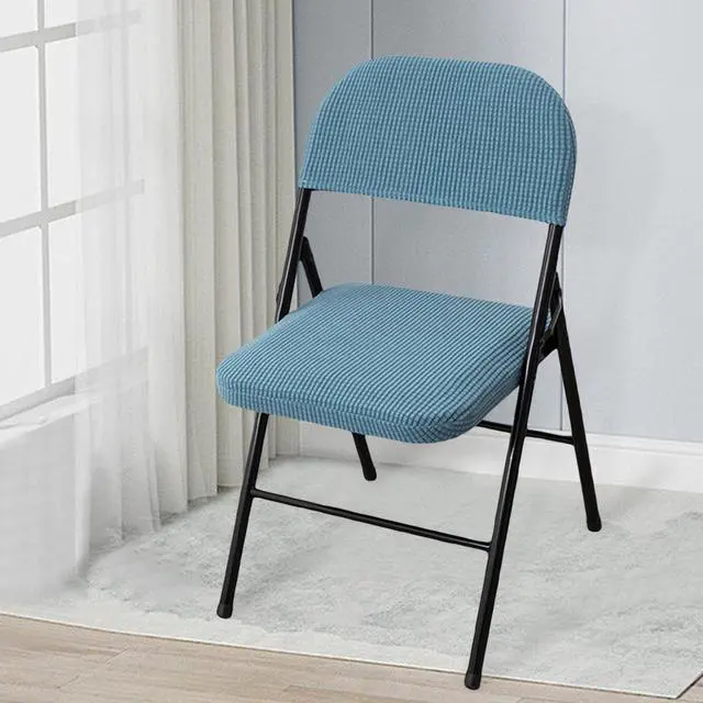 Alt view image 3 of 6 - Folding Dining Chair Seat and Back Cover Sheet Set Solid Color Jacquard Stretch Chair Slipcover (No Chairs) Home Decoration (Sky Blue, One Size)