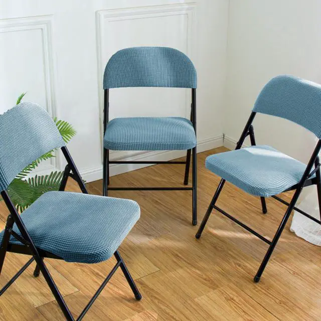 Alt view image 5 of 6 - Folding Dining Chair Seat and Back Cover Sheet Set Solid Color Jacquard Stretch Chair Slipcover (No Chairs) Home Decoration (Sky Blue, One Size)