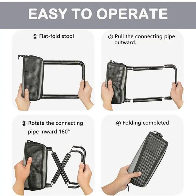 Alt view image 4 of 6 - Portable Collapsible Stool, Large Camping Chair Supports 260 lbs, Adjustable Shoulder Strap Folding Stool, Ultralight Collapsible Stools with 2pcs storage bags for Hiking, Fishing, Outdoor (Gray)