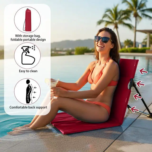 Alt view image 3 of 6 - Foldable Floor Backrest Chair Portable Camping Chair with Storage Bag Light Weight Lazy Seat for Indoor Outdoor Bed Ground Park Lawn Concerts Hiking Beach(Red)