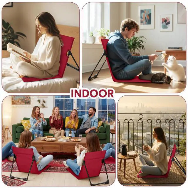 Alt view image 4 of 6 - Foldable Floor Backrest Chair Portable Camping Chair with Storage Bag Light Weight Lazy Seat for Indoor Outdoor Bed Ground Park Lawn Concerts Hiking Beach(Red)