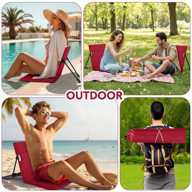 Alt view image 5 of 6 - Foldable Floor Backrest Chair Portable Camping Chair with Storage Bag Light Weight Lazy Seat for Indoor Outdoor Bed Ground Park Lawn Concerts Hiking Beach(Red)