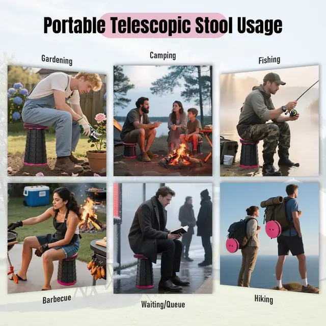 Alt view image 5 of 7 - Upgraded Foldable Stool Thickened, Portable Collapsible Stool Retractable Stool for Fishing, Hiking Tours, BBQ, Parties, Outdoor ActivitiesPink
