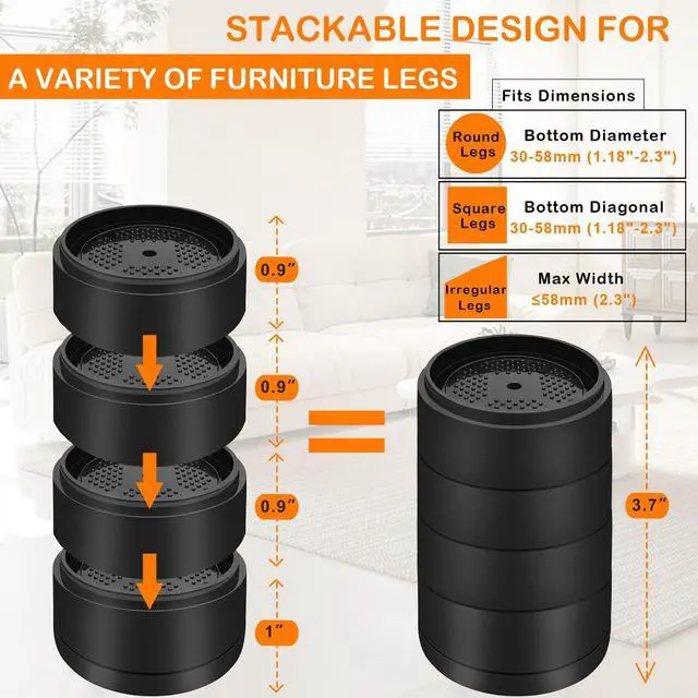 Alt view image 3 of 7 - Furniture Risers Bed Risers Heavy Duty 1 inch, 2 inch, 3 inch, 4 inch Round Adjustable Bed Lifts Riser for Desk Legs Table Couch Sofa Chair Refrigerator Washing Machine (1 Inch, Black, 4 Pack)