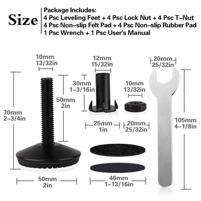 Alt view image 2 of 7 - 4 Set M10 Adjustable Leveling Feet, Heavy Duty Height Adjuster Furniture Leveler Foot With T Nut, Screw On Cabinet Restaurant Table Chair Self Levelers Leg (2" Base Dia & Thread Length, Black)