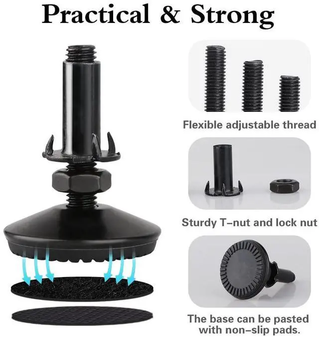 Alt view image 3 of 7 - 4 Set M10 Adjustable Leveling Feet, Heavy Duty Height Adjuster Furniture Leveler Foot With T Nut, Screw On Cabinet Restaurant Table Chair Self Levelers Leg (2" Base Dia & Thread Length, Black)