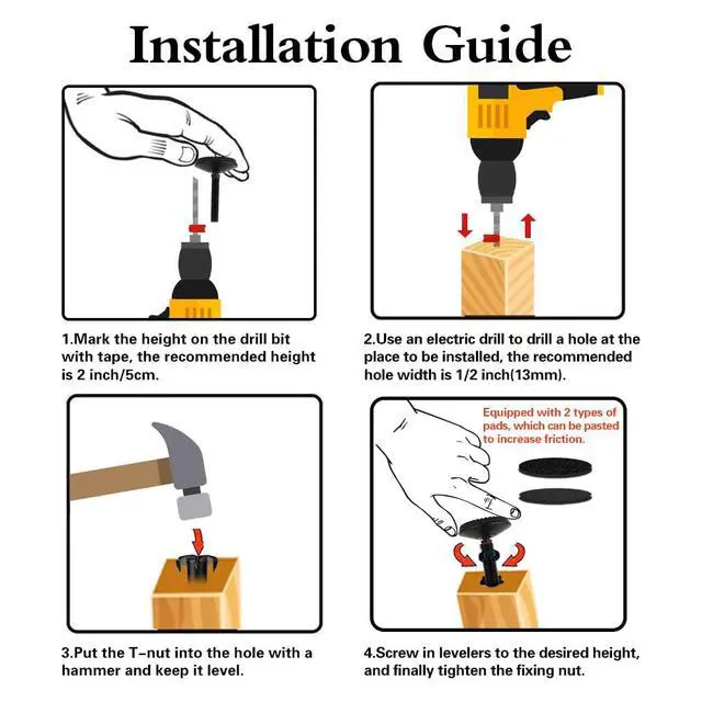Alt view image 5 of 7 - 4 Set M10 Adjustable Leveling Feet, Heavy Duty Height Adjuster Furniture Leveler Foot With T Nut, Screw On Cabinet Restaurant Table Chair Self Levelers Leg (2" Base Dia & Thread Length, Black)