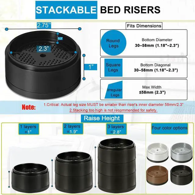 Alt view image 2 of 7 - Bed Risers 1 inch, 2 inch, 3 inch, 4 inch Heavy Duty, Adjustable Furniture Riser for Table Desk Couch Sofa Chair Refrigerator Washing Machine, Stackable Bed Raisers Blocks (Black 4 Pack, 1+1 inch)