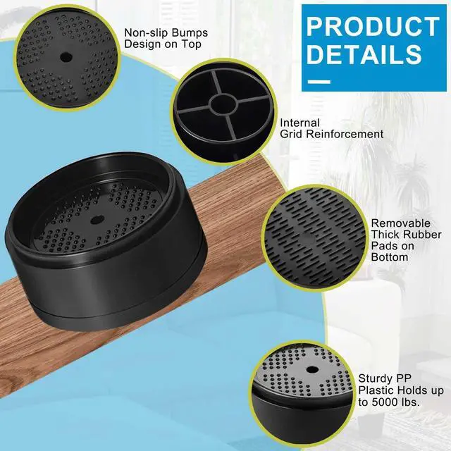 Alt view image 5 of 7 - Bed Risers 1 inch, 2 inch, 3 inch, 4 inch Heavy Duty, Adjustable Furniture Riser for Table Desk Couch Sofa Chair Refrigerator Washing Machine, Stackable Bed Raisers Blocks (Black 4 Pack, 1+1 inch)