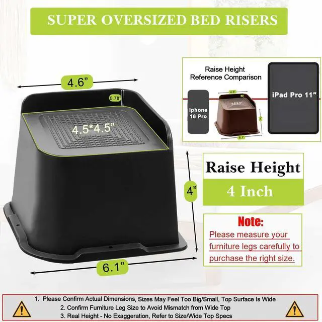 Alt view image 2 of 6 - Bed Risers 2 inch, 3 inch, 4 inch, 6 inch, 8 inch Heavy Duty, Oversized Furniture Riser for Couch Sofa Table Chair Leg Frame Dorm, Support up to 6000 Lbs (Black 4 Pack, 4 inch)