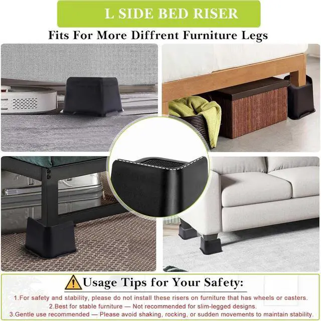 Alt view image 3 of 6 - Bed Risers 2 inch, 3 inch, 4 inch, 6 inch, 8 inch Heavy Duty, Oversized Furniture Riser for Couch Sofa Table Chair Leg Frame Dorm, Support up to 6000 Lbs (Black 4 Pack, 4 inch)