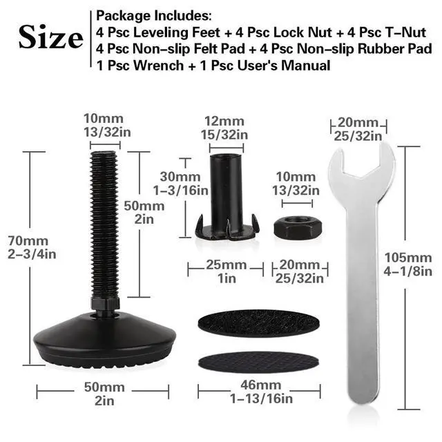 Alt view image 2 of 7 - 4 Set M10 Swivel Adjustable Leveling Feet, Heavy Duty Height Adjuster Furniture Leveler Foot with T Nut, Screw in Cabinet Table Chair Self Levelers Leg - 2" Base Dia & 2" Bolts Length - Black
