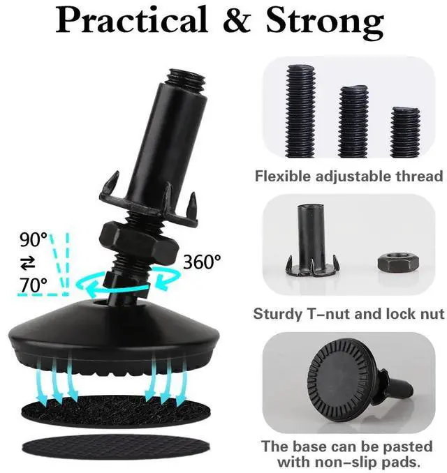 Alt view image 3 of 7 - 4 Set M10 Swivel Adjustable Leveling Feet, Heavy Duty Height Adjuster Furniture Leveler Foot with T Nut, Screw in Cabinet Table Chair Self Levelers Leg - 2" Base Dia & 2" Bolts Length - Black