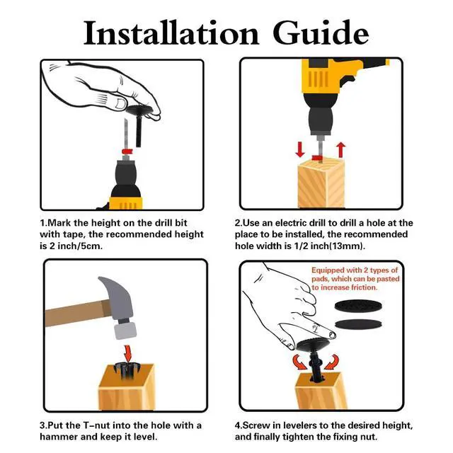 Alt view image 5 of 7 - 4 Set M10 Swivel Adjustable Leveling Feet, Heavy Duty Height Adjuster Furniture Leveler Foot with T Nut, Screw in Cabinet Table Chair Self Levelers Leg - 2" Base Dia & 2" Bolts Length - Black