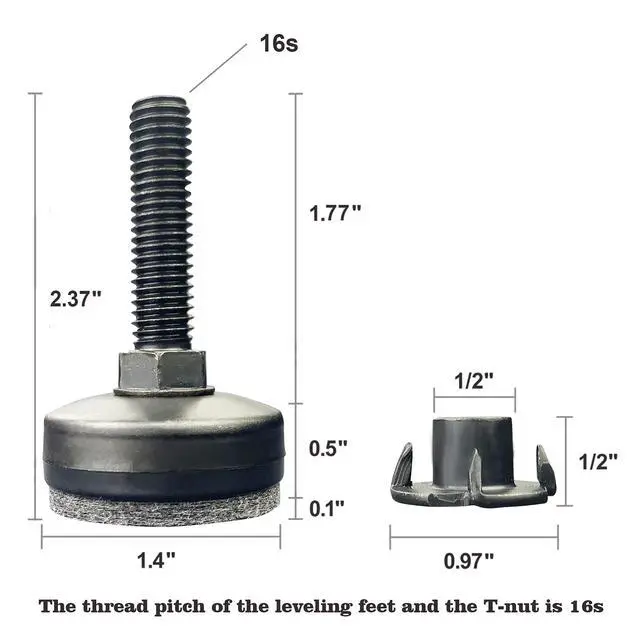 Alt view image 2 of 7 - 3/8" Threaded Leveling Feet Adjustable Table/Furniture Feet Levelers Screw on Heavy Duty Desk/Chair/Cabinet/Dresser/Bench Leg Leveler Screw in with Threaded Inserts(3/8-16,Large Base,Black,4 Pack)