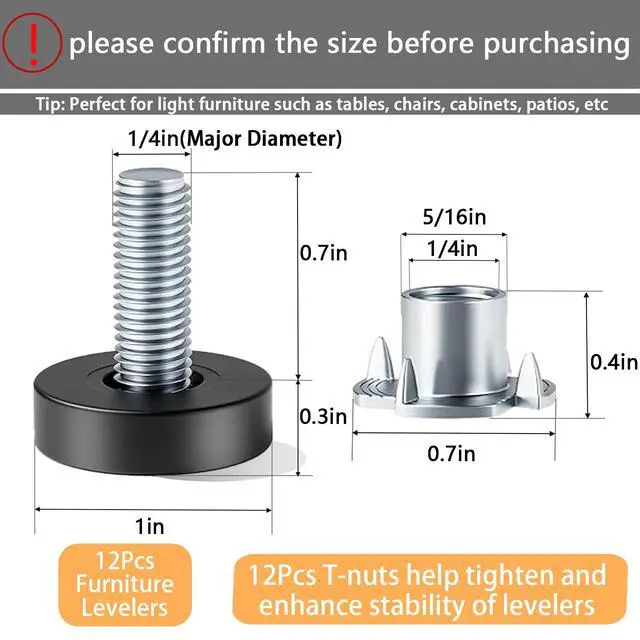 Alt view image 2 of 7 - 1/4" Thread Leveling Feet, 12 PCS Adjustable Furniture Levelers with T-Nuts, Threaded Screw-in Table Feet for Individual Adjustment