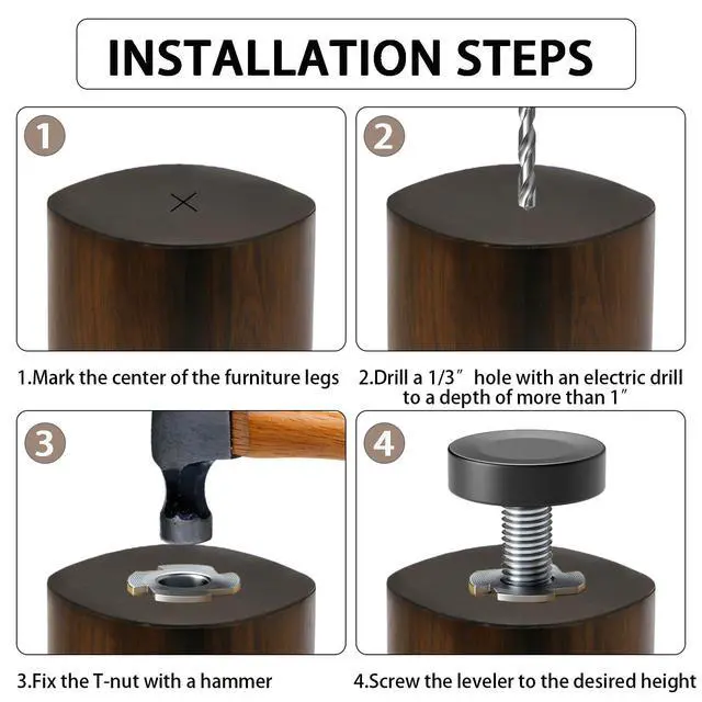 Alt view image 6 of 7 - 1/4" Thread Leveling Feet, 12 PCS Adjustable Furniture Levelers with T-Nuts, Threaded Screw-in Table Feet for Individual Adjustment