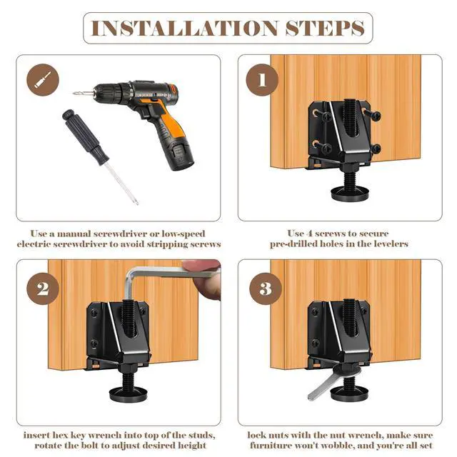 Alt view image 6 of 7 - Heavy Duty Leveling Feet, 4 Pack Adjustable Furniture Levelers with 1320LB Capacity, 2" Height Adjustment, No-Flip Furniture Installation Hex Nut Design for Flawless Leveling