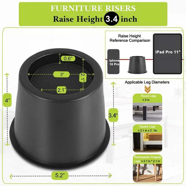 Alt view image 2 of 7 - 4 Pack Furniture Risers 4 Inch, Bed Risers Heavy Duty for Table Desk Couch Chair Sofa Cabinet Bed Frame Dorm, Round Table Leg Risers Lift Height 3.4", Black