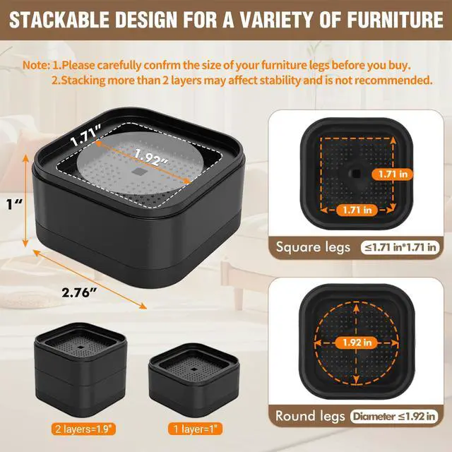 Alt view image 2 of 6 - 4 Pack Furniture Risers, Ajustable Bed Lifts Rrisers, 1 Inch Stackable Heavy Duty Desk Riser, Table Leg Risers, Square Bed Raising Blocks, for Bed Desk Leg Couch Sofa Table Chair Dorm, Black