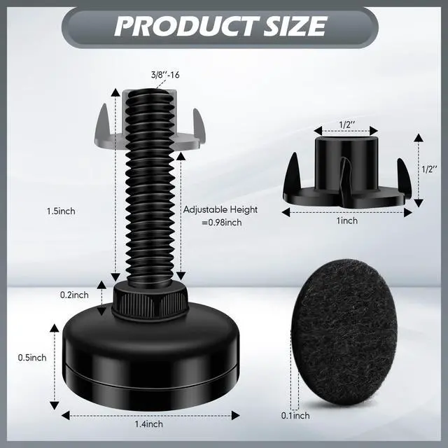 Alt view image 2 of 7 - 10 Set Adjustable Furniture Leveling Feet, Adjustable Leg Levelers for Cabinets Sofa Tables Chairs, Heavy Duty Height Adjuster Furniture Levelers Foot with T- Nut Kit 3/8"-16 Thread, Black