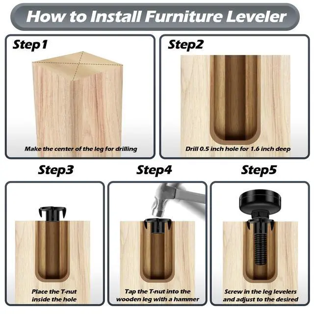 Alt view image 4 of 7 - 10 Set Adjustable Furniture Leveling Feet, Adjustable Leg Levelers for Cabinets Sofa Tables Chairs, Heavy Duty Height Adjuster Furniture Levelers Foot with T- Nut Kit 3/8"-16 Thread, Black