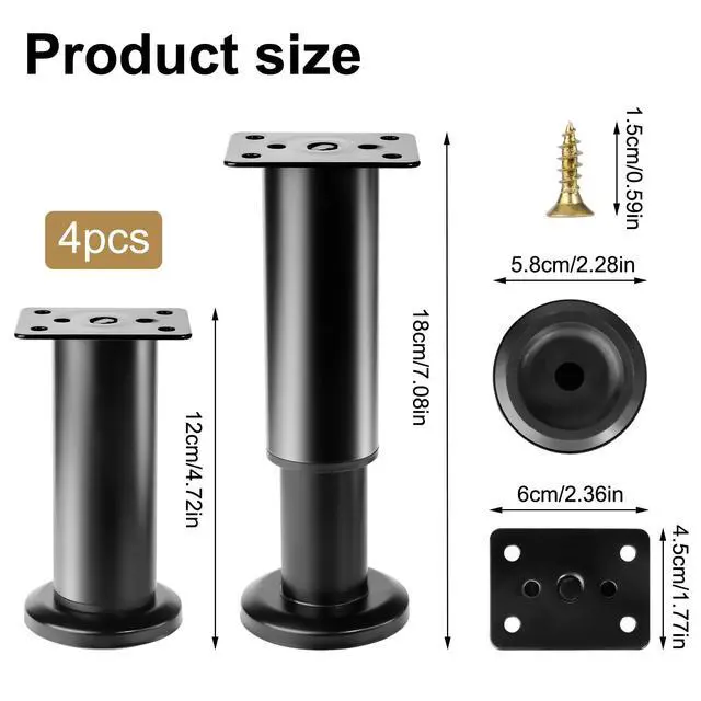 Alt view image 2 of 7 - 4 Pcs Metal Furniture Legs, 4.7-7 Inch Black Adjustable Furniture Legss, Adjustable Height Bed Support Legs for Bed Frame Support Legss, Sofa Couch Dresser Table Bed Cabinet Feet