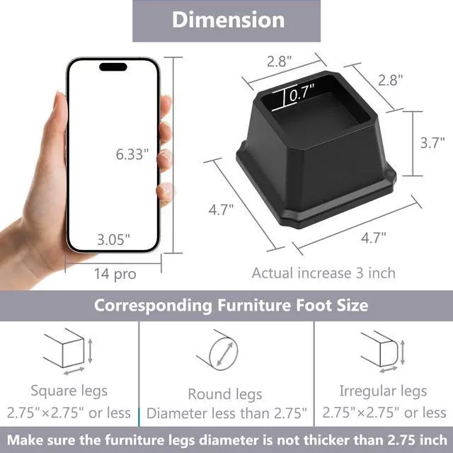 Alt view image 2 of 7 - Bed Risers 3 Inch Heavy Duty Bed Furniture Elevators, 1,500 lbs Lifts Up Riser for Sofa and Table Set of 4, Black