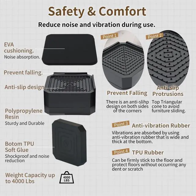Alt view image 5 of 7 - 4 Pack Bed Risers Heavy Duty, Adjustable Furniture Risers for Bed Couch Sofa Desk Chair Blocks, Lift Height 1.5", 3" or 4.3" (Black, Two Layers 3 Inches)