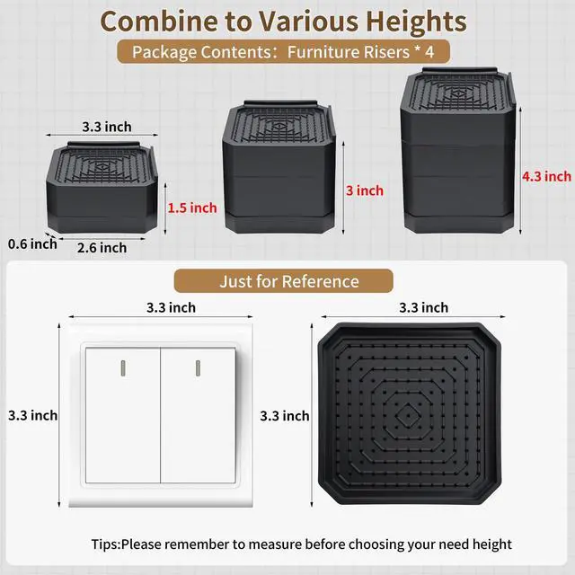 Alt view image 2 of 7 - 4 Pack Bed Risers Heavy Duty, Adjustable Furniture Risers for Bed Couch Sofa Desk Chair Blocks, Lift Height 1.5", 3" or 4.3" (Black, Two Layers 3 Inches)