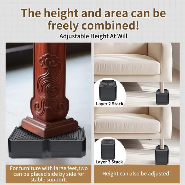 Alt view image 6 of 7 - 4 Pack Bed Risers Heavy Duty, Adjustable Furniture Risers for Bed Couch Sofa Desk Chair Blocks, Lift Height 1.5", 3" or 4.3" (Black, Two Layers 3 Inches)
