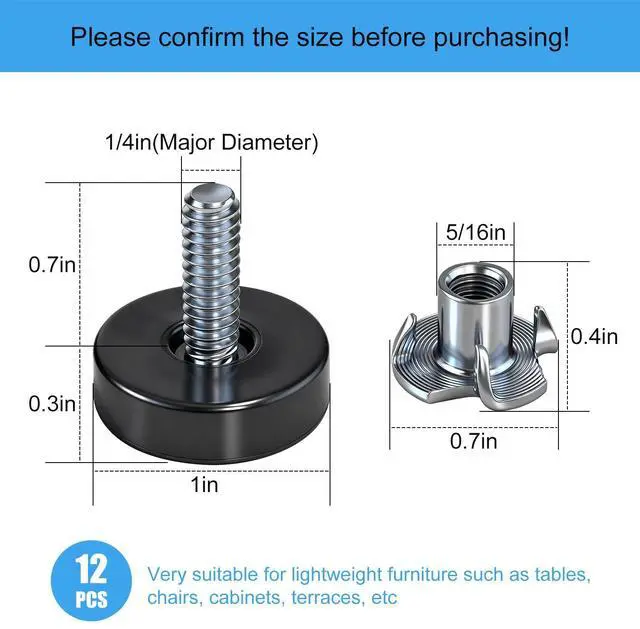 Alt view image 3 of 7 - 1/4" Thread Leveling Feet with T-Nuts, 12 PCS Adjustable Furniture Leg Levelers - Multi-Use Screw-in Feet for Desks, Tables, Cabinets & Chairs