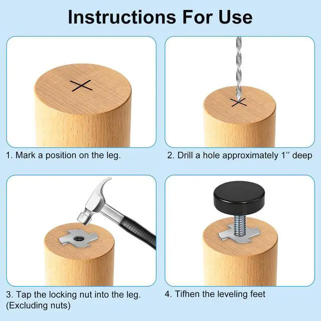 Alt view image 2 of 7 - 1/4" Thread Leveling Feet with T-Nuts, 12 PCS Adjustable Furniture Leg Levelers - Multi-Use Screw-in Feet for Desks, Tables, Cabinets & Chairs