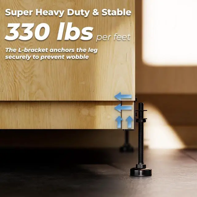 Alt view image 4 of 7 - L-Shaped Furniture Leveling Feet, Adjustable Height up to 3.5 Inch, 4 Pack Heavy Duty Screw-On Levelers, 330 LBs per Foot, for Sofa, Bed, Cabinets, Uneven Floors
