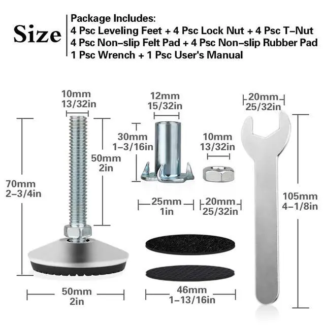 Alt view image 2 of 7 - 4 Set M10 Swivel Adjustable Leveling Feet, Heavy Duty Height Adjuster Furniture Leveler Foot with T Nut, Screw on Cabinet Table Chair Self Levelers Leg - 2" Base Dia & 2" Bolts Length - Silver