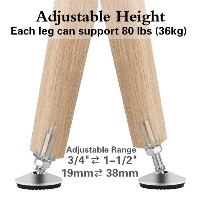 Alt view image 4 of 7 - 4 Set M10 Swivel Adjustable Leveling Feet, Heavy Duty Height Adjuster Furniture Leveler Foot with T Nut, Screw on Cabinet Table Chair Self Levelers Leg - 2" Base Dia & 2" Bolts Length - Silver