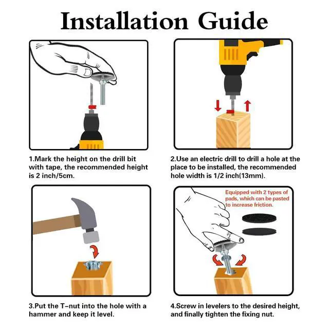 Alt view image 5 of 7 - 4 Set M10 Swivel Adjustable Leveling Feet, Heavy Duty Height Adjuster Furniture Leveler Foot with T Nut, Screw on Cabinet Table Chair Self Levelers Leg - 2" Base Dia & 2" Bolts Length - Silver
