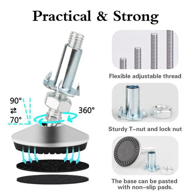 Alt view image 7 of 7 - 4 Set M10 Swivel Adjustable Leveling Feet, Heavy Duty Height Adjuster Furniture Leveler Foot with T Nut, Screw on Cabinet Table Chair Self Levelers Leg - 2" Base Dia & 2" Bolts Length - Silver