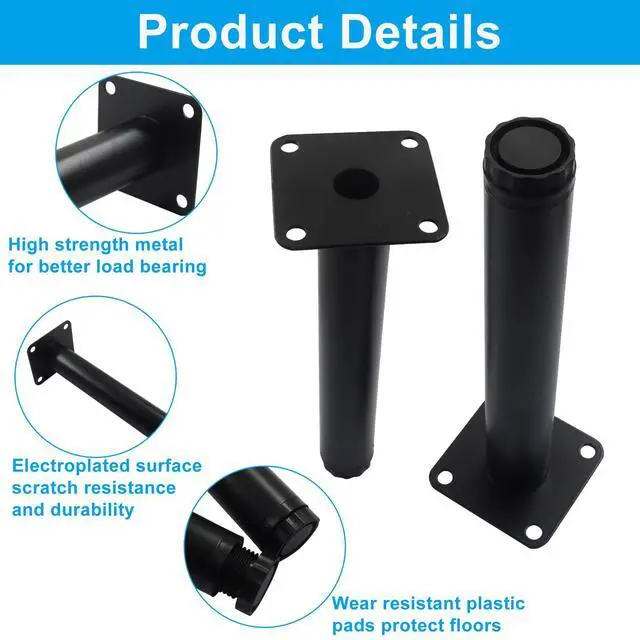 Alt view image 4 of 5 - 4 Pcs 7"/ 18cm Adjustable Furniture Legs, Metal Cabinet Legs Black Adjustable Feet for Sofa Table Chair, Support Feet for Kitchen Shelves/Cupboard