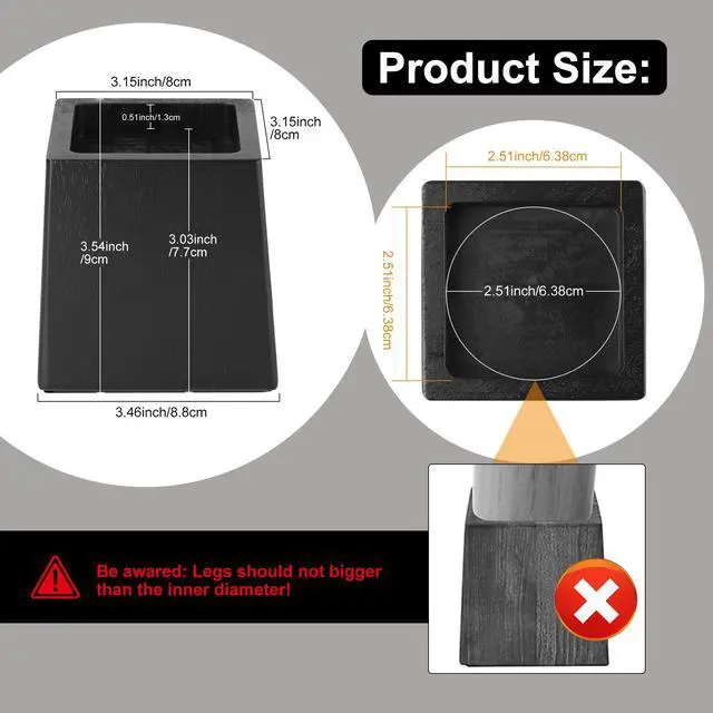 Alt view image 3 of 7 - Wood Bed Risers Heavy Duty, Support Loading 2200lbs, 4 Pack Furniture Riser Leg Height Extenders Lifts for Dorm Sofa Couch Desk Chair Table, Black, 3.5" H(Inner 3" H)