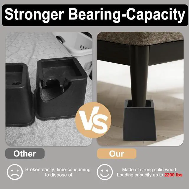 Alt view image 4 of 7 - Wood Bed Risers Heavy Duty, Support Loading 2200lbs, 4 Pack Furniture Riser Leg Height Extenders Lifts for Dorm Sofa Couch Desk Chair Table, Black, 3.5" H(Inner 3" H)