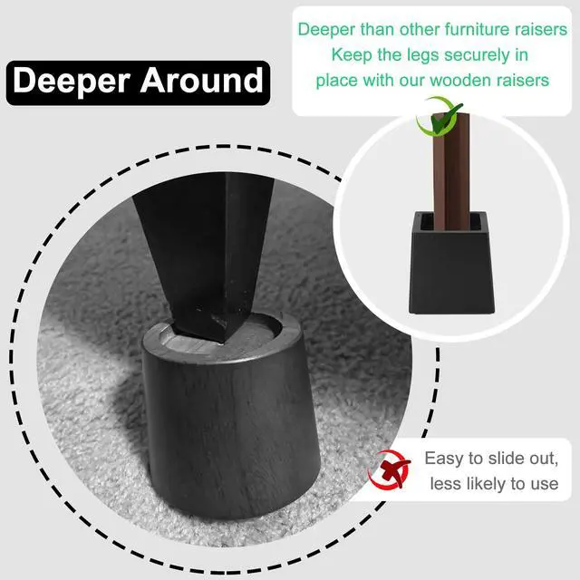 Alt view image 5 of 7 - Wood Bed Risers Heavy Duty, Support Loading 2200lbs, 4 Pack Furniture Riser Leg Height Extenders Lifts for Dorm Sofa Couch Desk Chair Table, Black, 3.5" H(Inner 3" H)